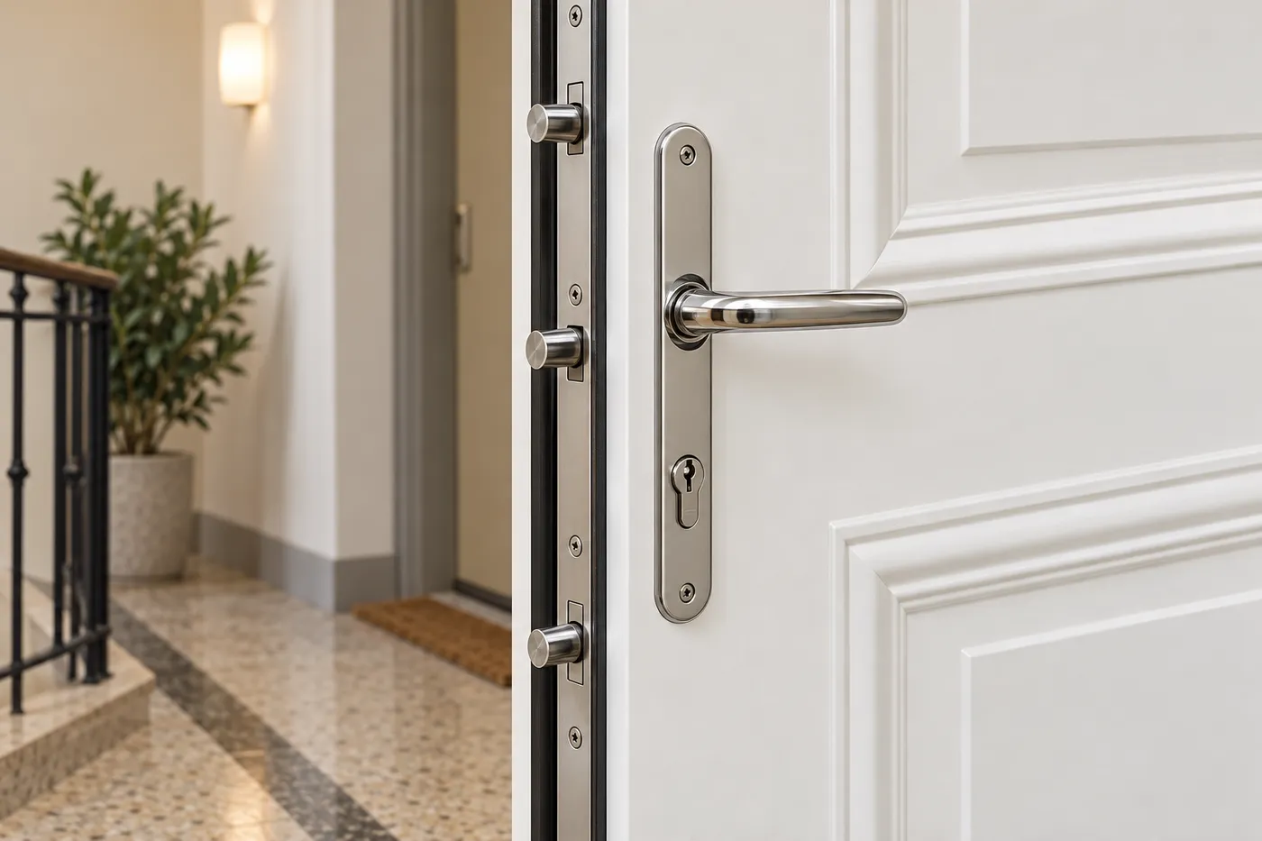 Serrure multipoints de porte palière en copropriété, trois pênes sortis